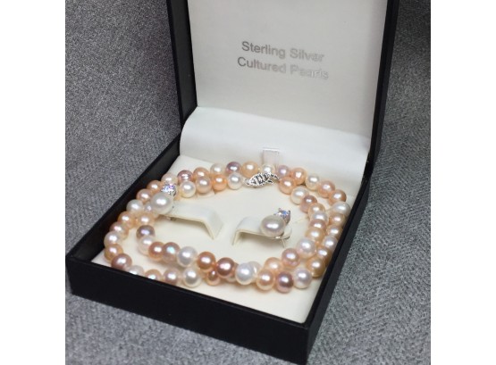 Very Nice Brand New - Multi Colored Cultured Pearls - Necklace & Earrings Set - With Sterling Silver Mounts
