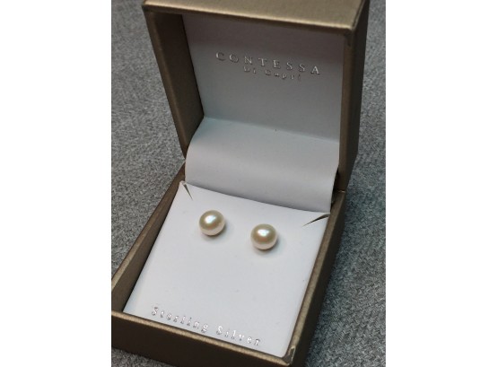 Very Pretty & Elegant Freshwater Pearl Earrings With Sterling Silver / 925 Posts & Back - VERY NICE PAIR !