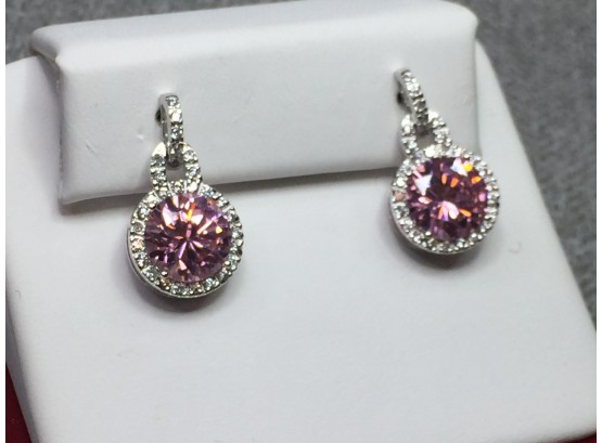 Beautiful Sterling Silver / 925 With Pink Tourmaline & White Topaz Earrings - Very Pretty Pair - BEAUTIFUL !