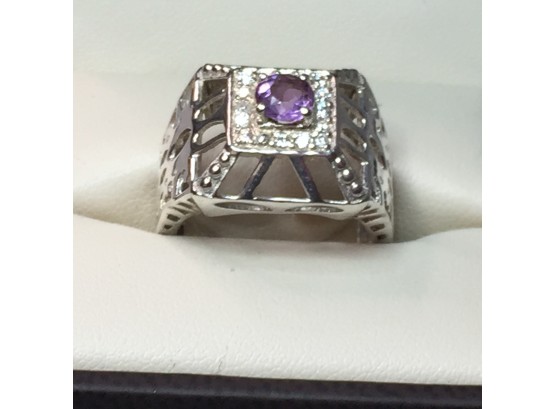Wonderful Vintage Art Deco Style Sterling Silver / 925 Ring With Amethyst & White Topaz - Overall Very Pretty
