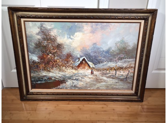 Large Vintage Oil On Canvas By MARIE CHARLOT - Listed Artist - Lovely Winter / Snow Scene With Cabin & People