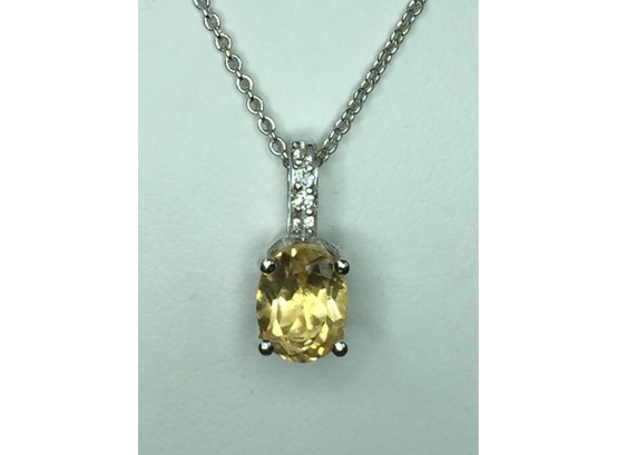 Very Pretty Sterling Silver / 925 - 18' Necklace With Large Yellow / White Topaz Pendant - All Sterling Silver