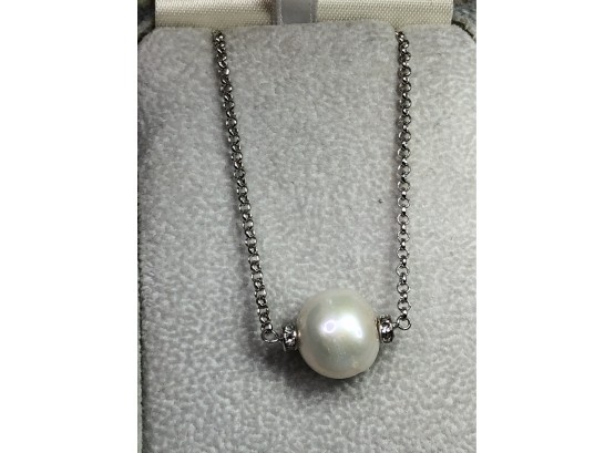 Gorgous Brand New Sterling Silver / 925 16' Necklace With Large Freshwater Pearl & White Topaz Accents