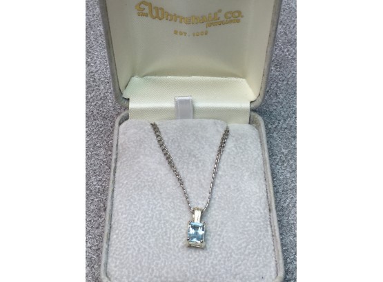 Wonderful Vintage Sterling Silver / 925 - 24' Necklace With Emerald Cut Aquamarine Pendant - VERY PRETTY !