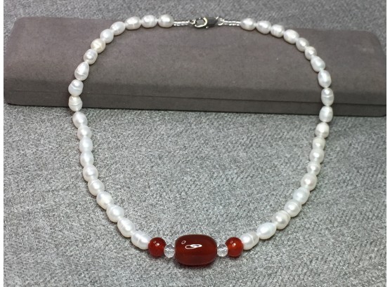 Lovel Genuine Cultured Baroque Pearls With Polished Carnelian Beads / Sterling Silver Clasp - VERY NICE !