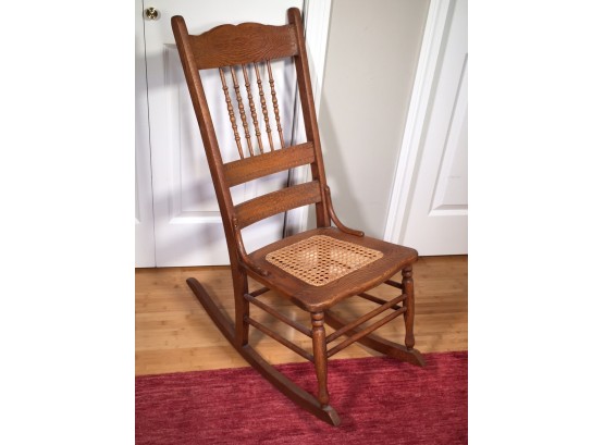 Lovely Antique Victorian Press Back Rocking Chair - 1890-1920 With Caned Seat - Overall Great Condition !