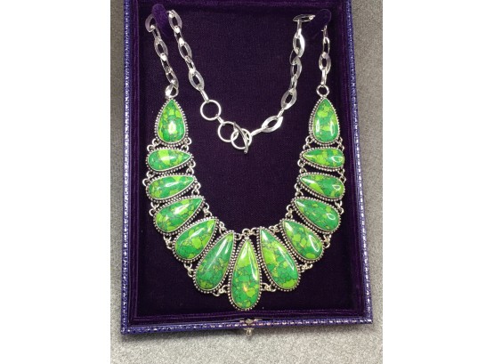 Fabulous Sterling Silver / 925 & Green Turquoise Necklace - Large Teardrop Design - Handmade In Jaipur India