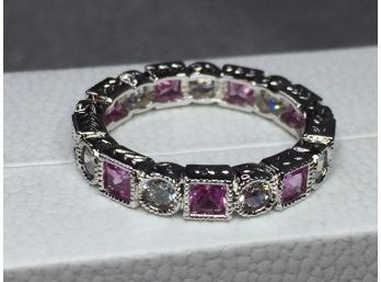 Very Pretty Sterling Silver / 925 Eternity Ring With Alternating Pink Tourmaline & White Topaz - NICE RING !