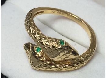Fantastic Snake Ring - Sterling Silver / 925 With 18kt Gold Overlay - Genuine Emerald Eyes - Handmade In India