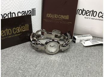 Gorgeous Brand New $595 ROBERTO CAVALLI Silvertone Chain Link Watch In Original Box With Booklet & Card