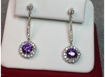 Very Pretty Sterling Silver / 925 With Deep Color Amethyst Drop Earrings - Brand New - Never Worn - NICE !