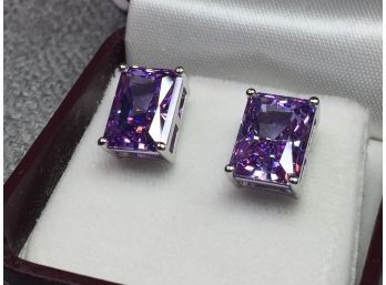 Gorgeous Sterling Silver / 925 Earrings With Emerald Cut Tanzanite - VERY Pretty Earrings - Nice Quality