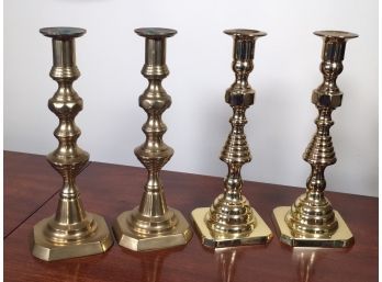 Lot Of Four (4) Very Nice Early Beehive Style Brass Candlesticks - CLASSIC LOOK ! - Great Condition !