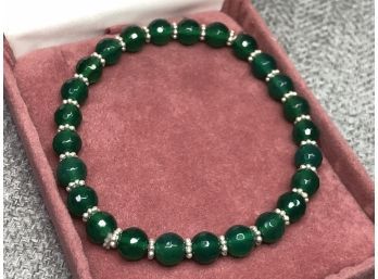 Very Pretty Vintage Jade Bead Bracelet With Sterling Silver Spacers - Adjustable Size - Very Pretty Piece