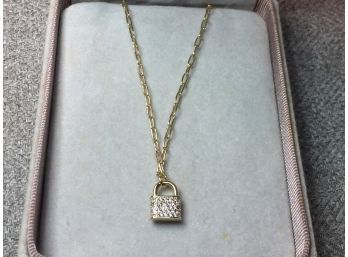 Very Pretty Sterling Silver / 925 With 14kt Overlay Necklace With Swarovski Crystal Covered Padlock Pendant