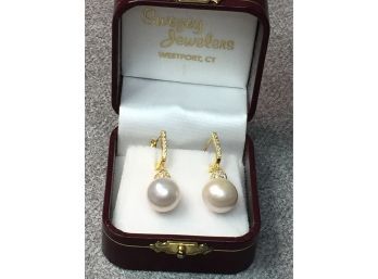 Wonderful Pair Freshwater Pearl Earrings With Sterling Silver With 14kt Gold Overlay Earrings - VERY PRETTY
