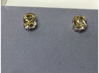 Stunning Pair Canary Yellow Topaz Earrings - In Sterling Silver / 925 Settings - Nice Crisp Color - Pretty !