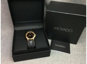 Great Vintage Mens MOVADO Museum Collection Watch - 1980s - New Battery - Great Watch - Black Leather Strap