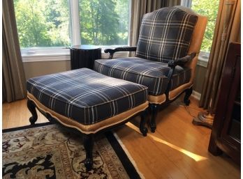 Fantastic Like New ETHAN ALLEN Chair & Ottoman - Black Watch Plaid Type Material - Great Set - VERY NICE !