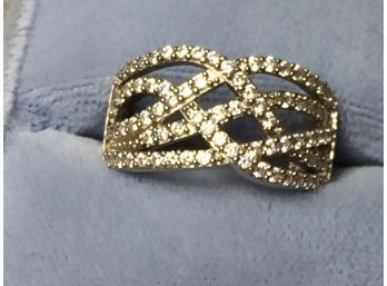 Very Elegant Vintage Sterling Silver / 925 Woven Ring Encrusted With Crystals - Very Pretty Piece !