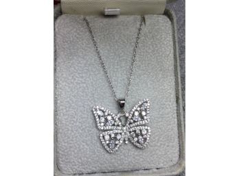 Wonderful Sterling Silver / 925 - Mariposa / Butterfly Necklace Covered In Swarovski Crystals - Very Delicate