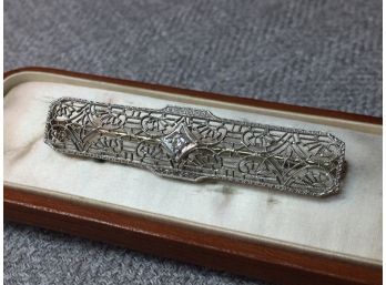 Stunning Antique Filigree 14kt White Gold & Diamond Art Deco Bar Pin - Fantastic ! - 4.1 Grams / 2.64 DWT
