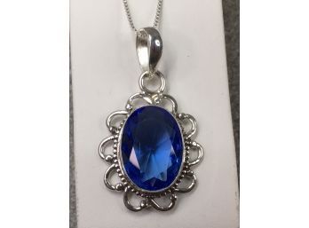 Very Pretty Sterling Silver / 925 Pendant With Large Tanzanite Stone  On Silver Silver / 925 Box Chain - Nice