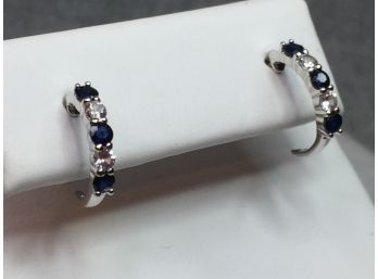 Gorgeous Pair 14kt White Gold Earrings With Blue Sapphires & Diamonds - Very Pretty Pair - Nice Quality