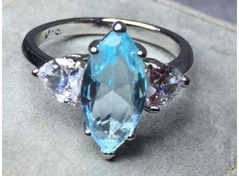 Wonderful Sterling Silver / 925 Ring With Large Marquise Cut Aquamarine Flanked By Heart Shaped White Topaz