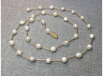 Unusual Genuine Cultured Pearls On Gilt Metal 36'  Necklace - Very Pretty Piece - Can Be Worn Several Ways