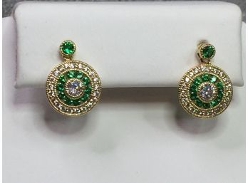 Fabulous Sterling Silver / 925 - Earrings With 14kt Gold Overlay With Emerald Green & White Topaz Gemstones