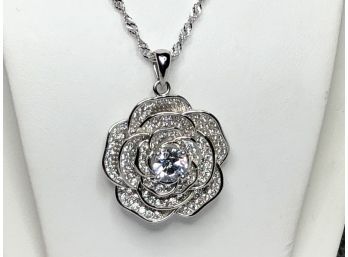 Lovely Vintage Sterling Silver / 925 White Topaz Floral Pendant On 18' Sterling Silver / 925 Necklace
