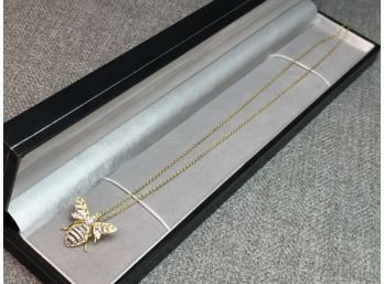 Amazing Figural Bee Necklace In Gleaming 14kt Gold Over Sterling Silver Covered In Swarovski Crystals ! WOW !