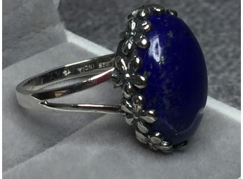 Beautiful Sterling Silver / 925 Ring With Oval Lapis Lazuli - Made In India - Pretty Floral Edge On Setting