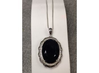 Lovely Large Sterling Silver / 925 Pendant With Black Onyx & White Topaz On 16' Sterling Silver Box Chain