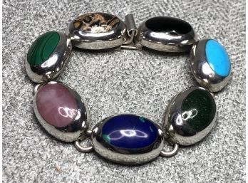 Fabulous Vintage Mexican Sterling Silver Bracelet With Multi Gemstones - Malachite -  Lapis - Turquoise & More