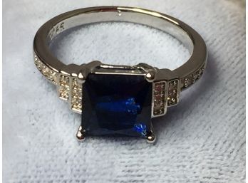 Lovely Vintage Style Sterling Silver / 925 Ring With Beautiful Deep Blue Sapphire & White Topaz Stones