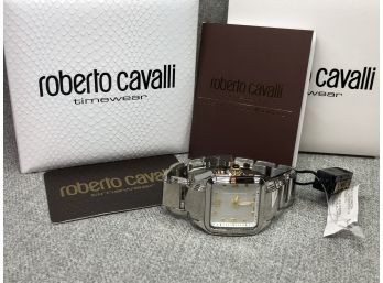 Stunning Brand New Swiss Made $695 ROBERTO CAVALLI Mens / Unisex Watch - Silvertone Square Case - AMAZING !
