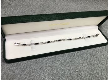 Very Nice Vintage Sterling Silver / 925 & Onyx Bracelet - 8' - All Sterling Silver With Oval Onyx Beads