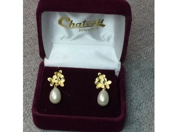 Lovely Genuine Freshwater Pearl & Sterling Silver / 925 With 14kt Gold Overlay Earrings - Nice Floral Details
