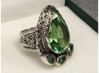 Fantastic Sterling Silver / 925 Ring With Ornate Details - Pale Green Amethysts From India - Handmade Ring