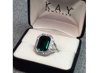 Beautiful Sterling Silver / 925 Ring With Large Emerald Green Stone Surrounded By White Topaz - Very Pretty