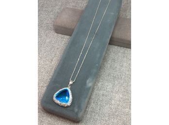 Unusual Sterling Silver / 925 HUGE Ice Blue Gemstone Pendant On 18' Sterling Silver / 925 Necklace - NICE !