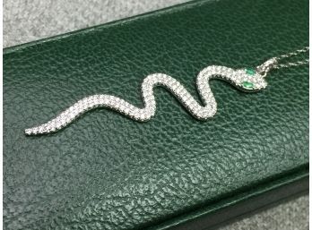 Amazing All Sterling Silver / 925 Snake Pendant Necklace With Emerald Eyes On 17' Necklace - FANTASTIC !