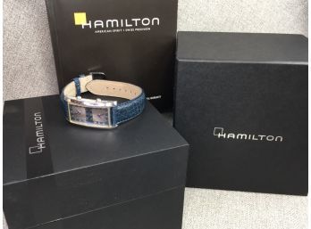 Incredible Art Deco Style Dual Time HAMILTON Watch - Unisex - Blue Leather Strap - With Box - $595 Retail