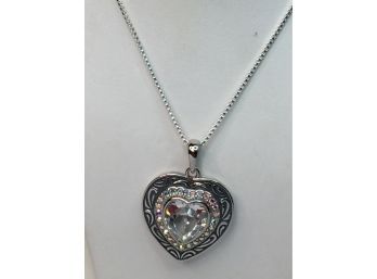 Lovely Sterling Silver / 925 - 16' Box Chain Necklace With Heart Pendant With Gemstones - Made In Italy
