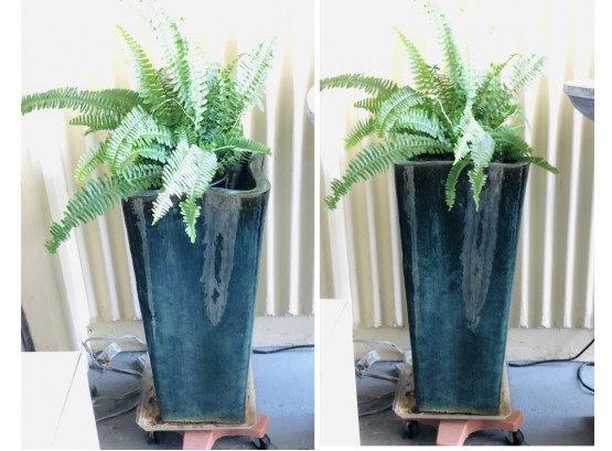 Pair Of Tall Glazed Pottery Planters