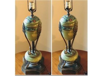 Pair Of Mounted Jade And Cloisonne  Neoclassical Lamps