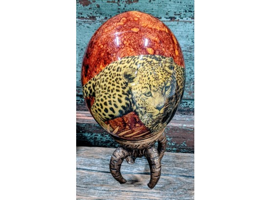 Ostrich Egg Hand Painted Design Of Leopard In Lacquer Finish With Stand