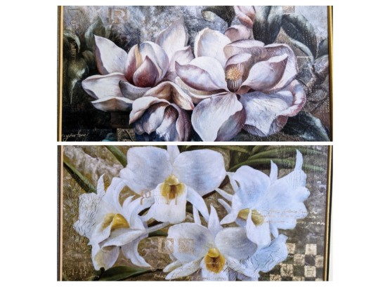 Two Gorgeous Floral Prints Double Matted In Matching Very Heavy /expensive Frames